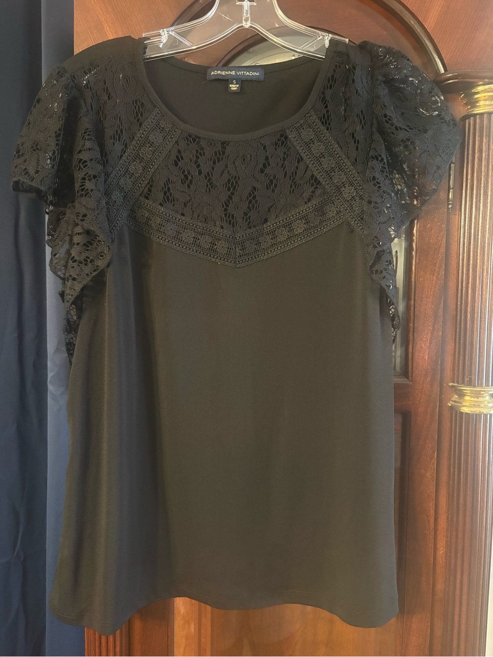 Adrienne Vittadini Black Lace Yoke Flutter Sleeve Blouse